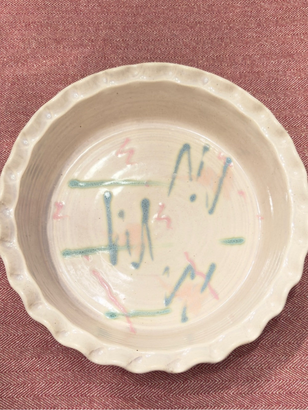 Handcrafted Deep Dish Pie Plate 10" Scalloped Edge Cream Green
Pink Hues Signed